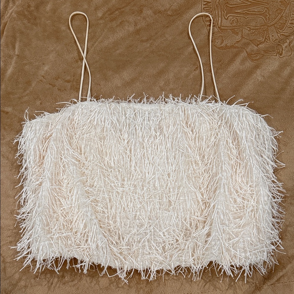 Anthropologie Cream Feathered Spaghetti Strap Crop Top